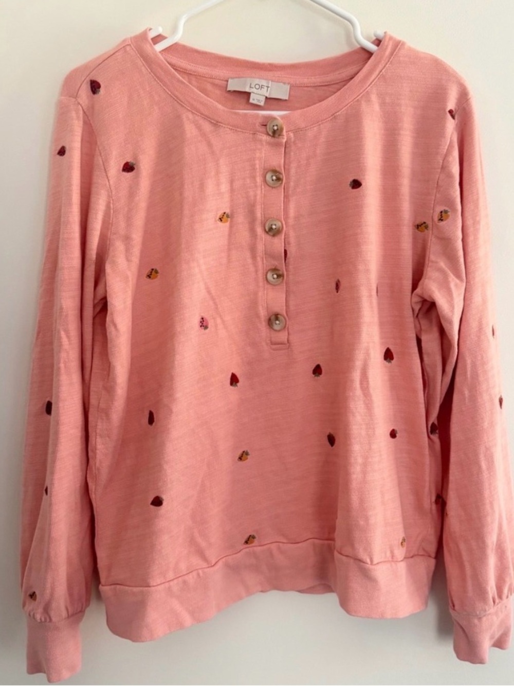 LOFT Pink Long-Sleeve Embroidered Henley, very cute with embroidered fruit